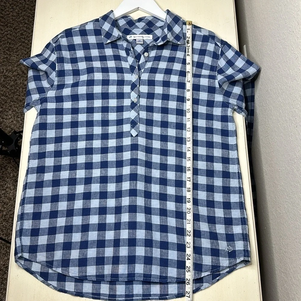 Southern Tide Blue White Gingham Linen‎ Blend Popover Shirt Size M